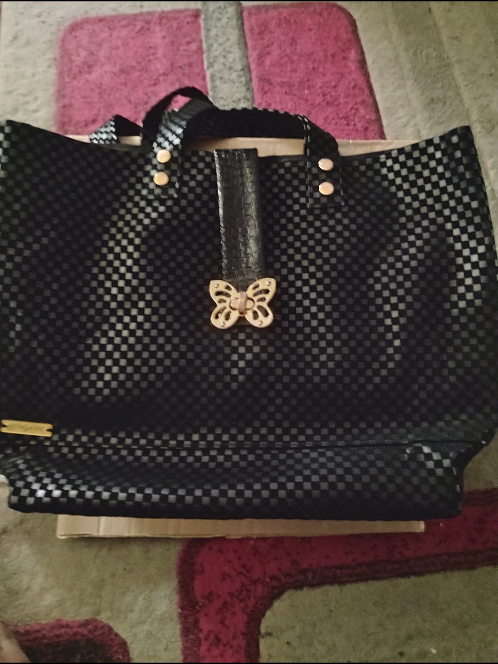 Black Checker Pattern Tote with Gold Butterfly Accent